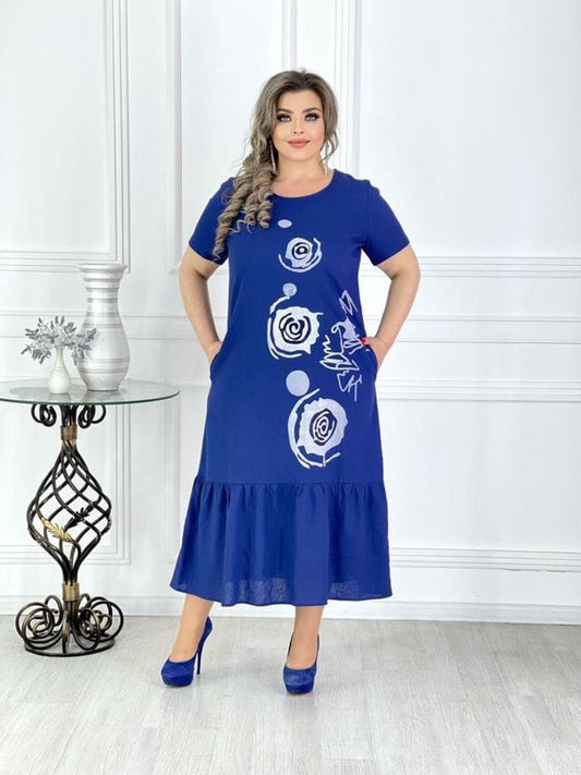 ფეხზე კაბა მკერდზე ყვავილების პრინტით საქართველოში, შესანიშნავი ფერი და მოდელი ქალებისათვის.