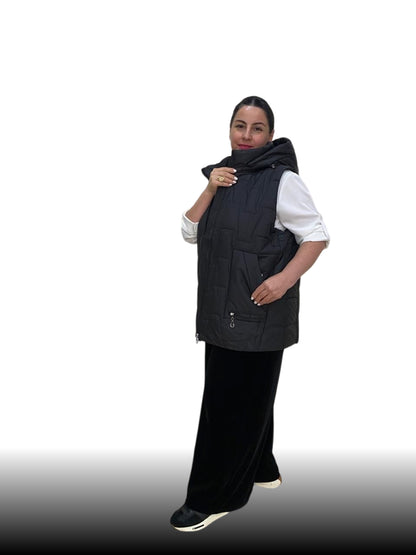ქალთა შავი ვესტი დიდი ზომის მოსახსნელი კაპოტი, მოდური და დახვეწილი არჩევანი.