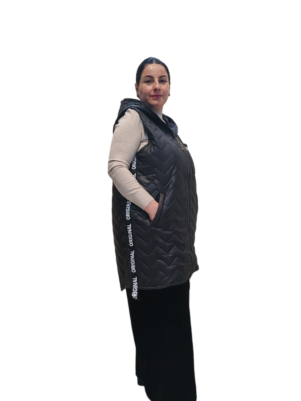 იდეალური ქალთა ჟილეტი ჯიბეებით და კაპოტის მუხლის სიგრძით, მსუბუქი და მოსახერხებელი ყოველდღიური ჩაცმისთვის.