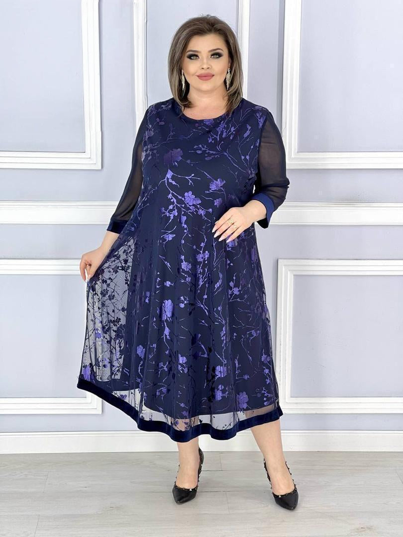 Dress with shiny flowers in a Black and blue trapeze style Female / 12XL / Navy Dress with shiny flowers in a Black and blue trapeze style Female / 12XL / Navy